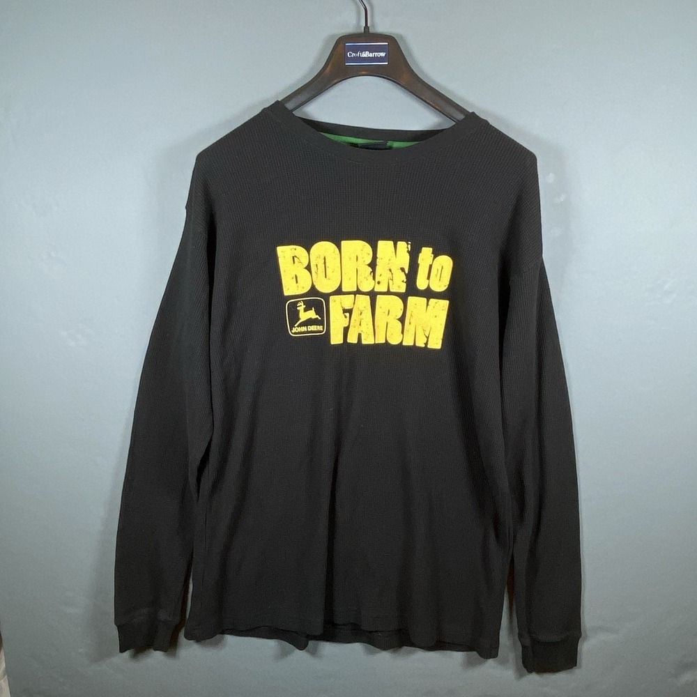 Vintage John Deere Born to Farm Thermal Shirt L Black Yellow Crackle Graphic